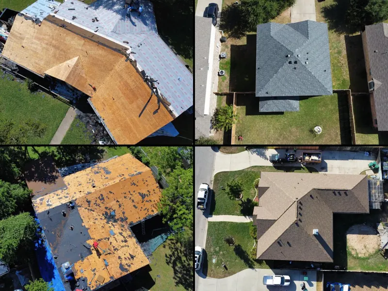 Four roof replacements from above: two stripped to the decking mid-job, two finished.