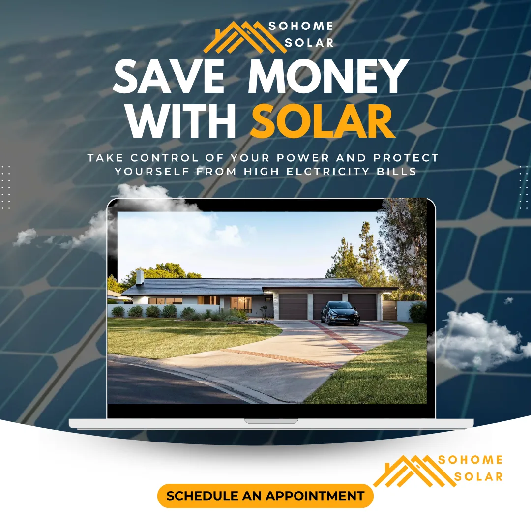 SoHome Solar ad: &lsquo;Save money with solar&rsquo; above a laptop showing a home with a solar roof.
