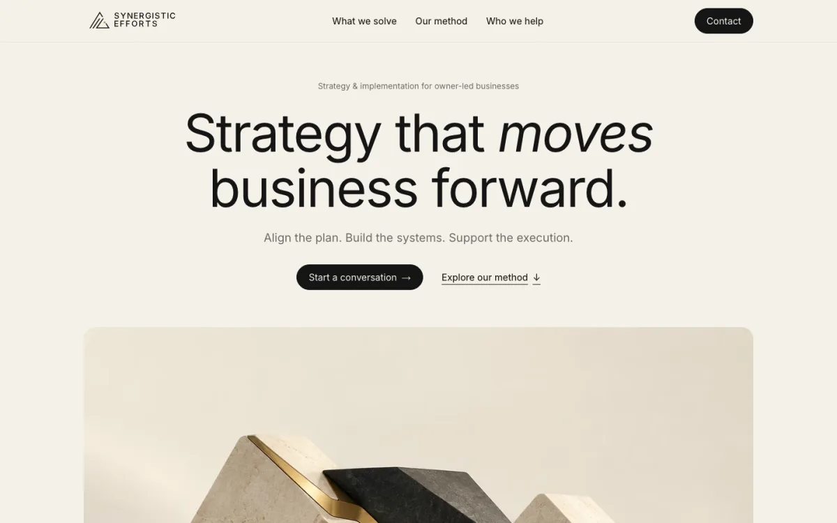 The Synergistic Efforts homepage: the headline 'Strategy that moves business forward' above a sculptural hero image.