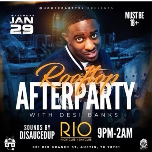 Rooftop Afterparty flyer with Desi Banks.