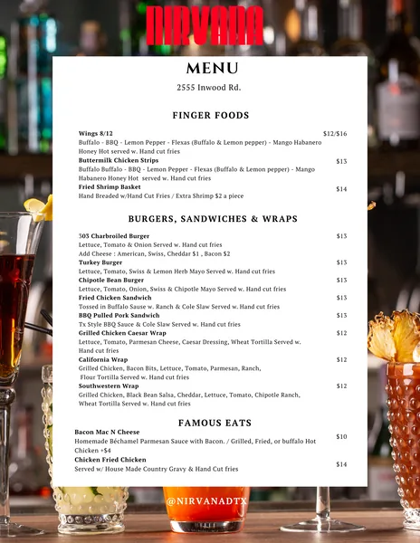 The Nirvana DTX food menu.