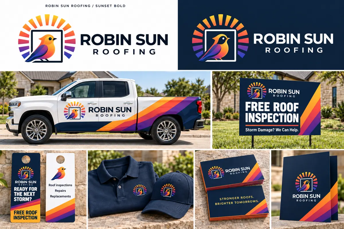 Robin Sun Roofing mock-ups: truck wrap, yard sign, door hangers, polo and cap, business cards and folder.