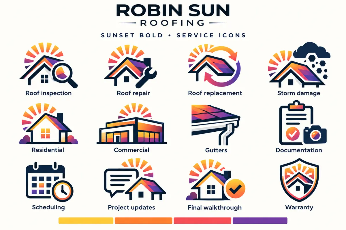 Robin Sun Roofing service icons, from roof inspection to warranty.