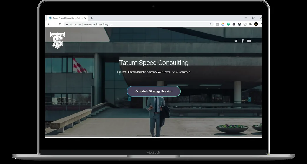 Tatum Speed Consulting website on a laptop.
